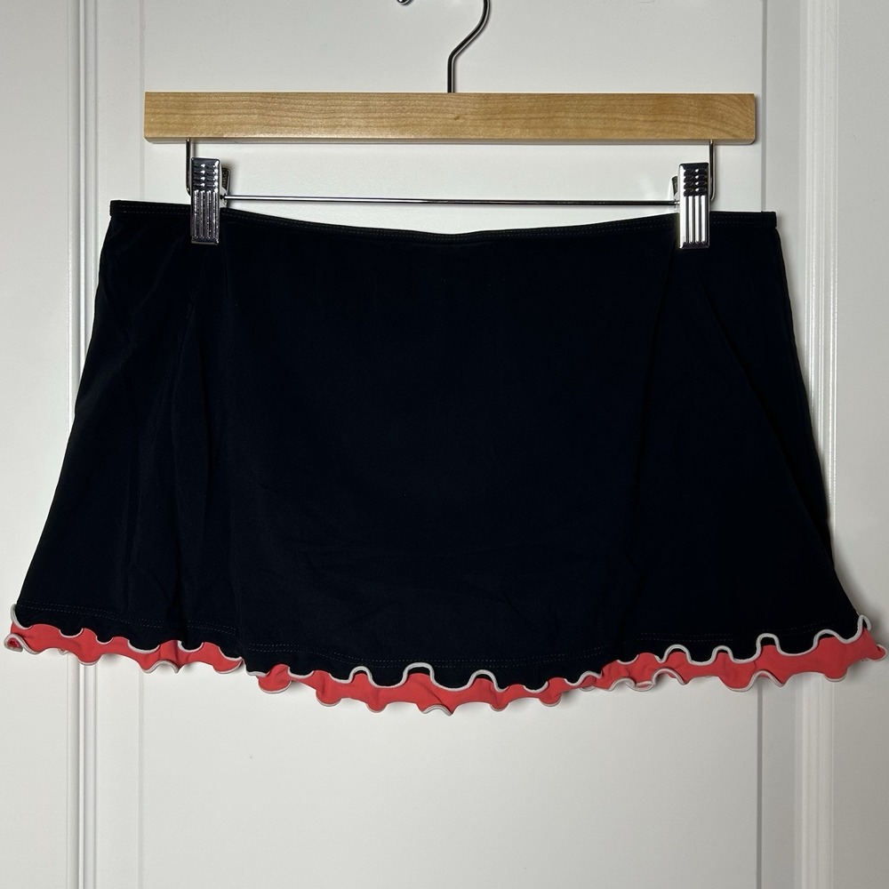 Profile Black Coral Ruffle Lettuce Hem White Pipping Swim Skirt Bikini Bottom - Picture 2 of 2